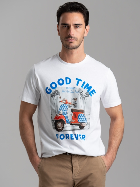 T-shirt uomo bianca con stampa "Vespa good time"