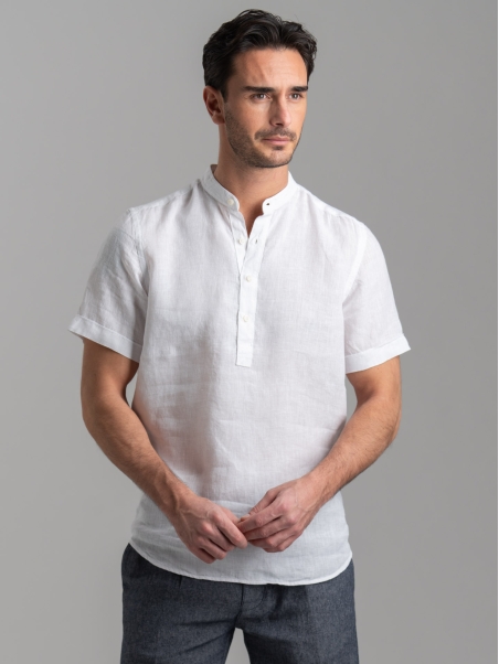 Camicia polo uomo bianca di lino a mezza manica