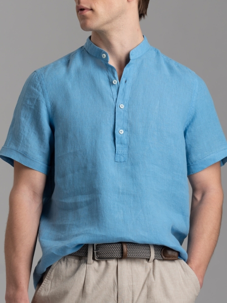 Camicia polo uomo azzurra di lino a mezza manica
