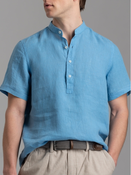 Camicia polo uomo azzurra di lino a mezza manica