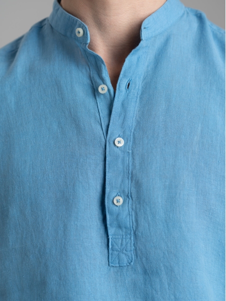Camicia polo uomo azzurra di lino a mezza manica