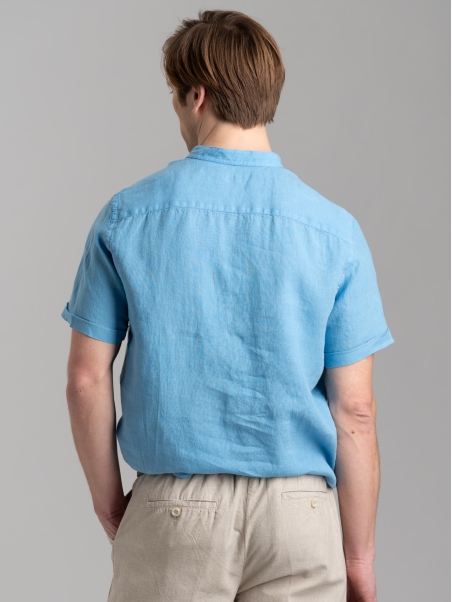 Camicia polo uomo azzurra di lino a mezza manica
