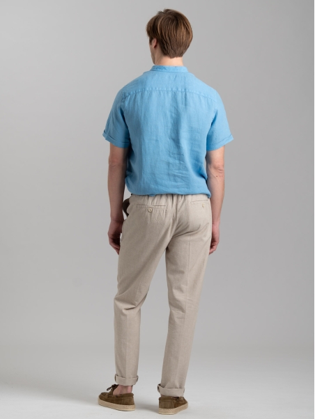 Camicia polo uomo azzurra di lino a mezza manica