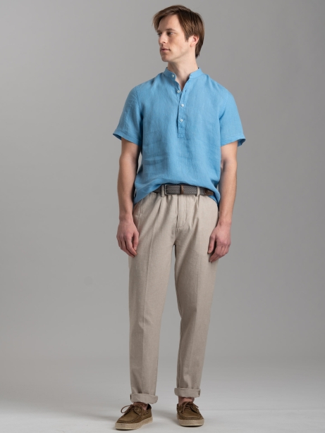 Camicia polo uomo azzurra di lino a mezza manica 2