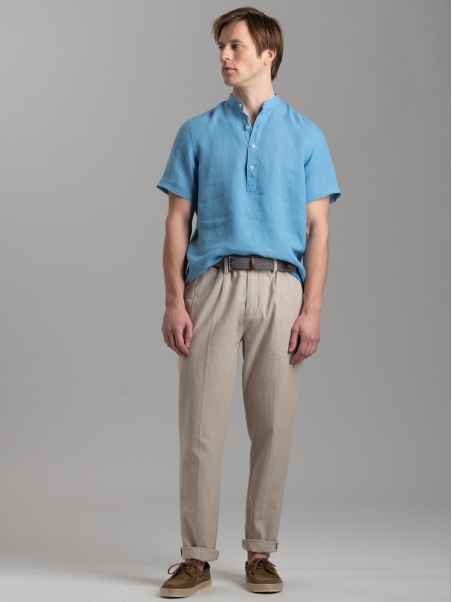 Camicia polo uomo azzurra di lino a mezza manica