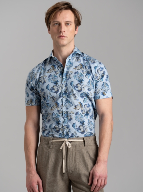 Camicia uomo floreale Hawaii blu a mezza manica