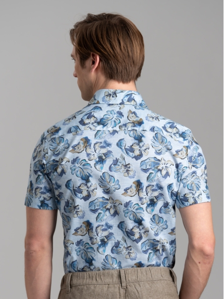 Camicia uomo floreale Hawaii blu a mezza manica