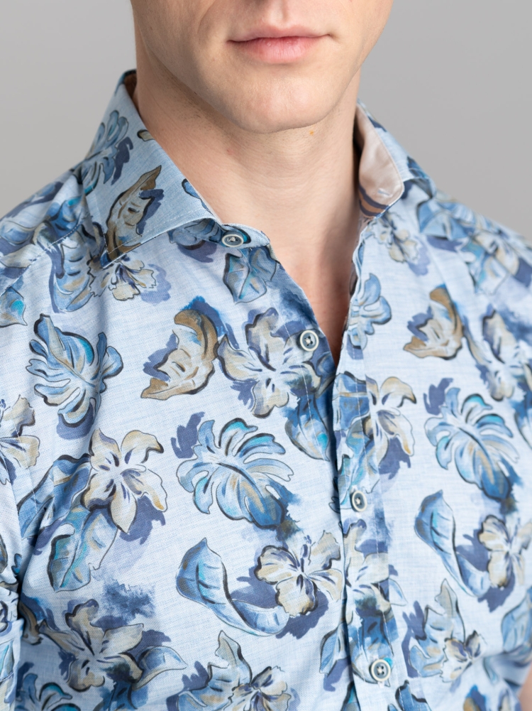 Camicia uomo floreale Hawaii blu a mezza manica