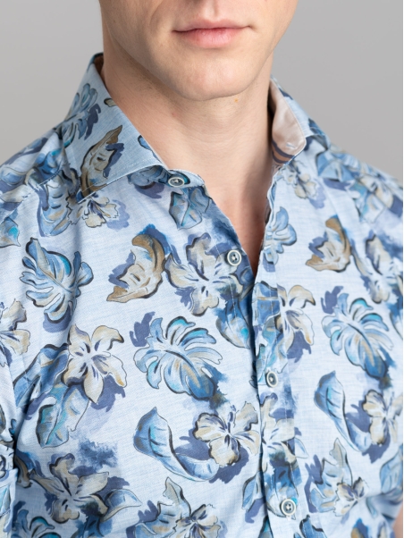 Camicia uomo floreale Hawaii blu a mezza manica