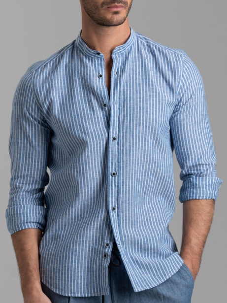 Camicia uomo misto lino rigata azzurra con collo coreano