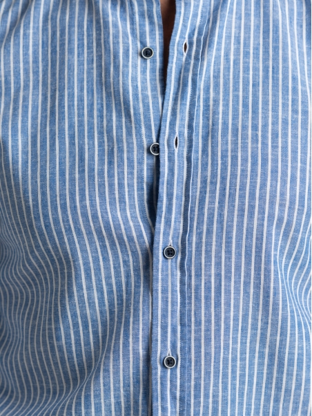 Camicia uomo misto lino rigata azzurra con collo coreano