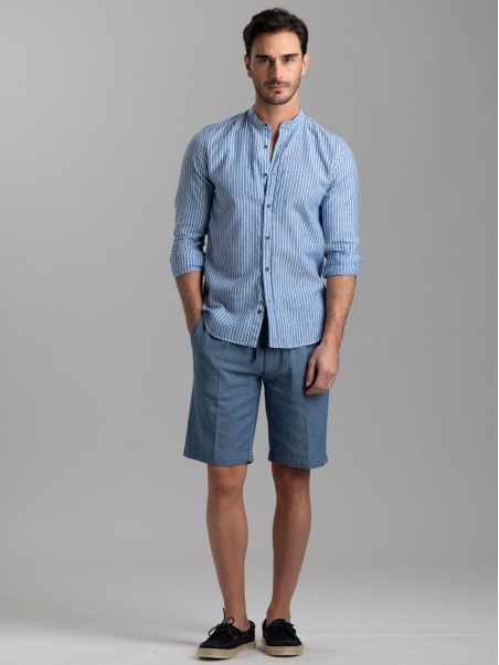 Camicia uomo misto lino rigata azzurra con collo coreano