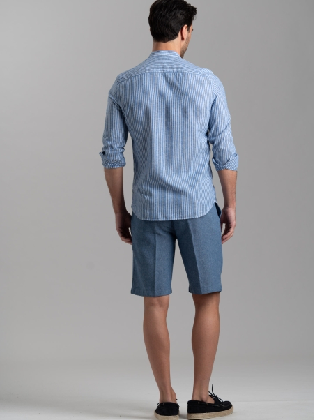 Camicia uomo misto lino rigata azzurra con collo coreano