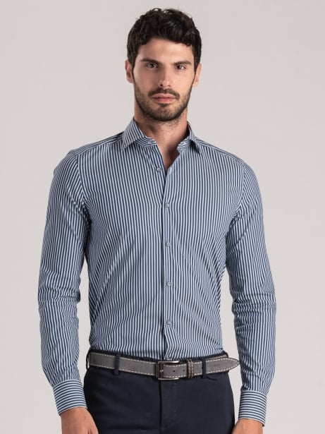 Camicia uomo rigata blu con dettagli color grigio