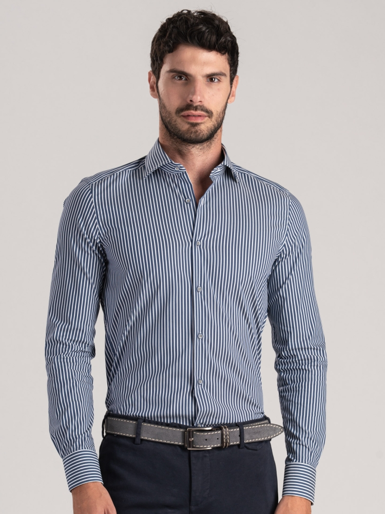 Camicia uomo rigata blu con dettagli color grigio