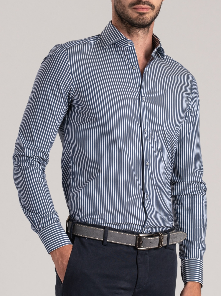Camicia uomo rigata blu con dettagli color grigio