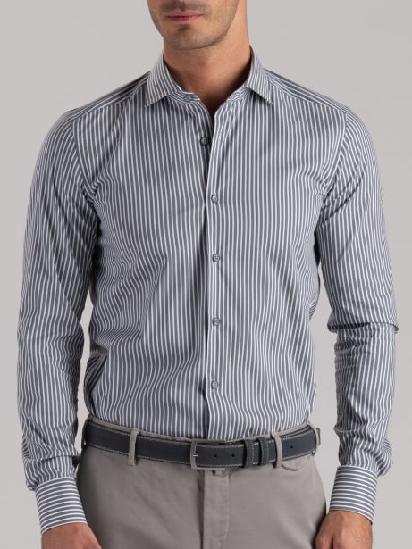 Camicia uomo rigata grigia con inserti blu 2