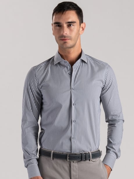Camicia uomo rigata grigia con inserti blu