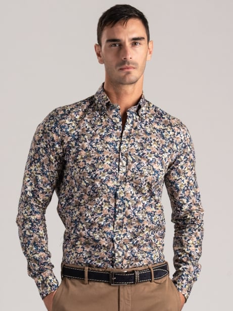 Camicia uomo floreale blu-verde con collo button-down