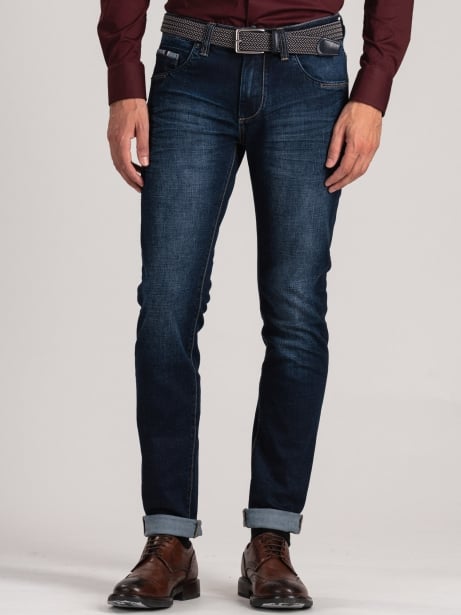 Vaqueros de 5 bolsillos para hombre con contrastes en burdeos