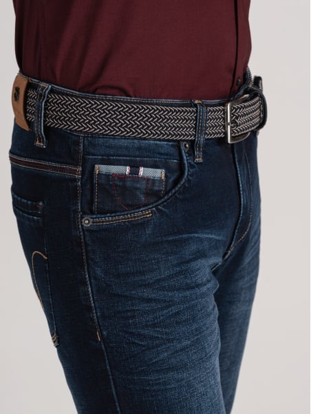 Jeans uomo 5 tasche con contrasti bordeaux