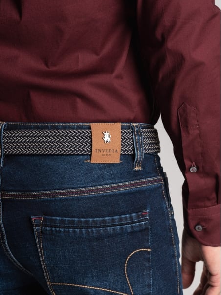 Jeans uomo 5 tasche con contrasti bordeaux