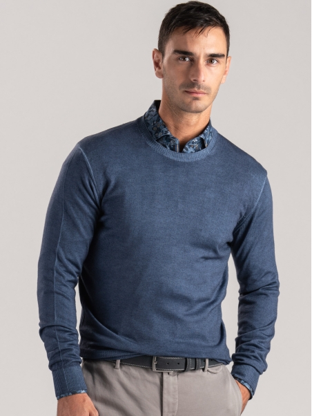 Jersey de cuello redondo para hombre en lana merino de efecto vintage