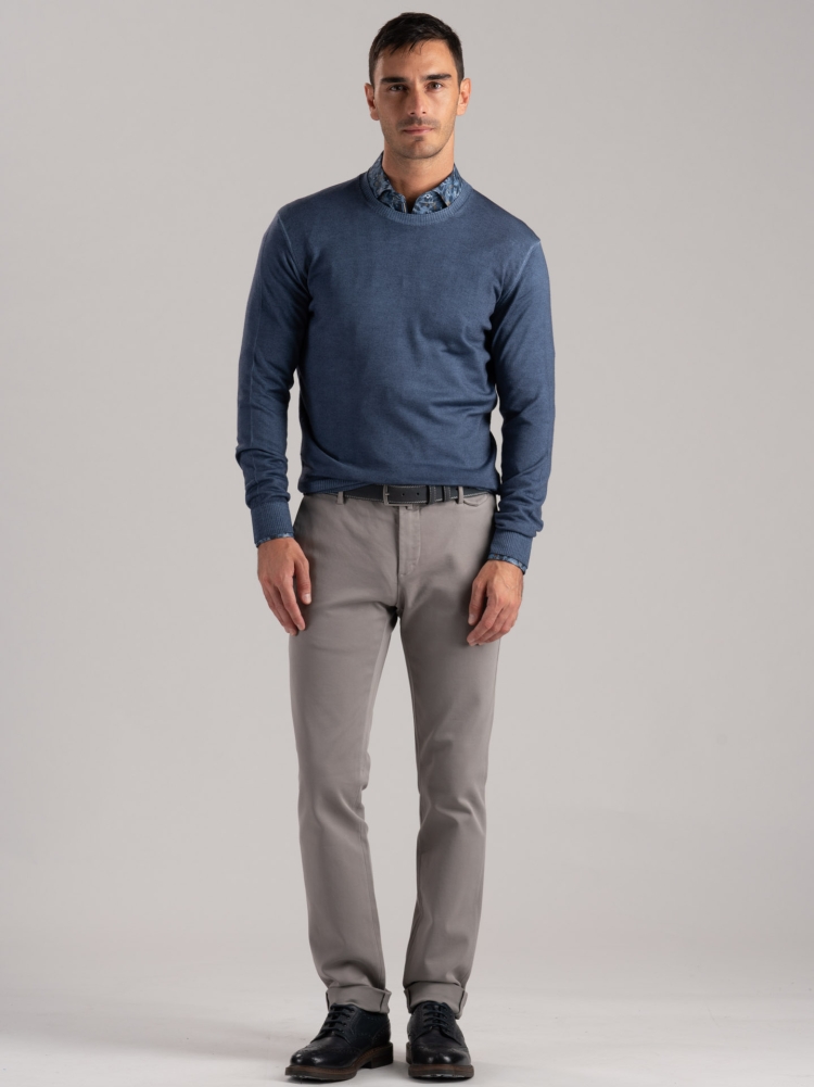Jersey de cuello redondo para hombre en lana merino de efecto vintage