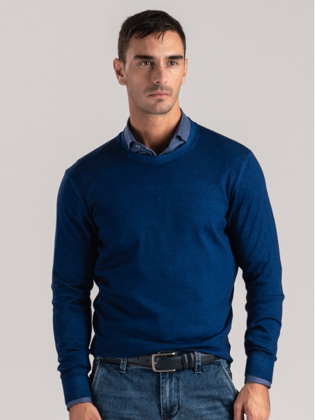 Jersey de cuello redondo para hombre en lana merino de efecto vintage
