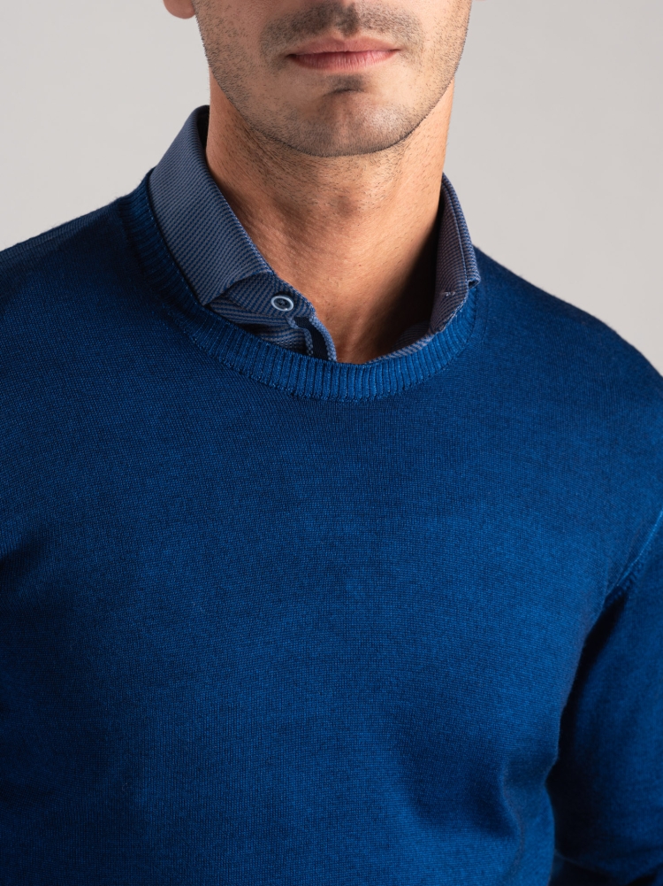 Jersey de cuello redondo para hombre en lana merino de efecto vintage