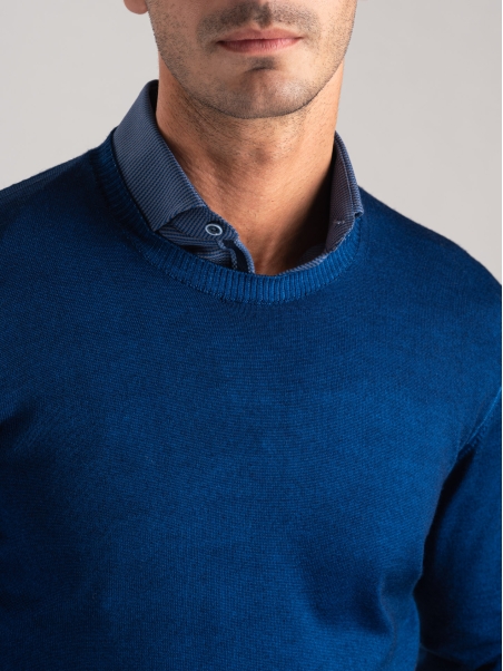 Jersey de cuello redondo para hombre en lana merino de efecto vintage