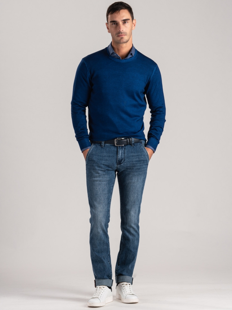 Jersey de cuello redondo para hombre en lana merino de efecto vintage
