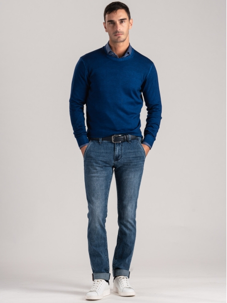 Jersey de cuello redondo para hombre en lana merino de efecto vintage