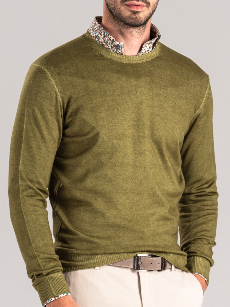 Jersey de cuello redondo para hombre en lana merino de efecto vintage