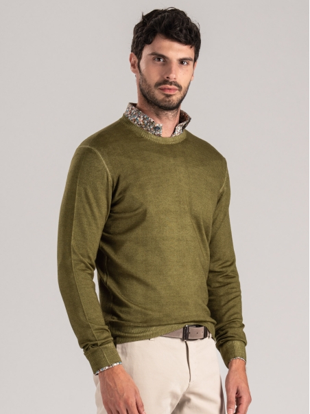 Jersey de cuello redondo para hombre en lana merino de efecto vintage