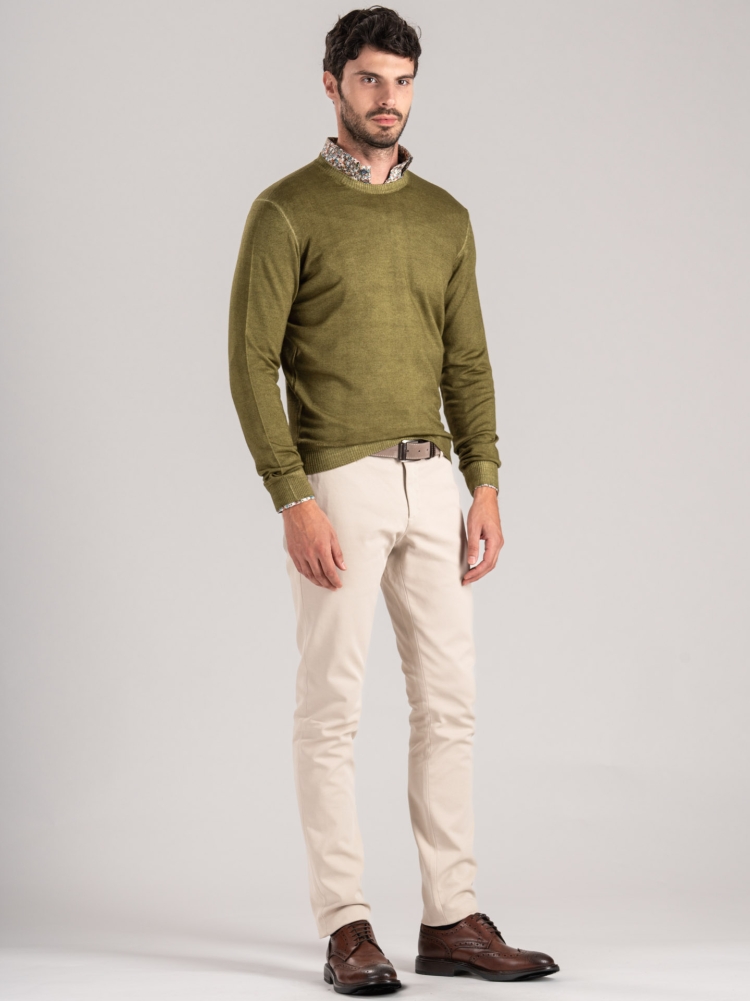Jersey de cuello redondo para hombre en lana merino de efecto vintage