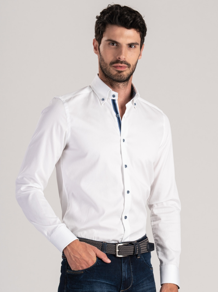 Camisa de hombre blanca de espiga con contrastes