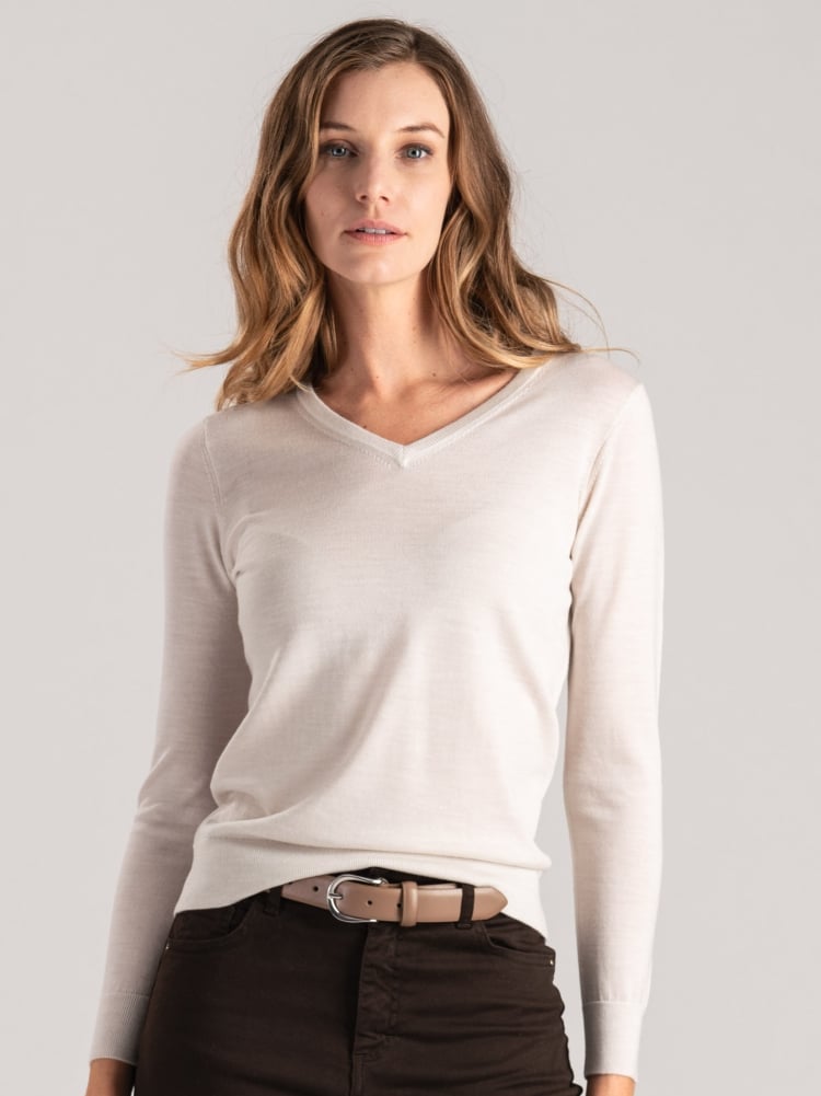 Jersey de lana merina con cuello de pico para mujer