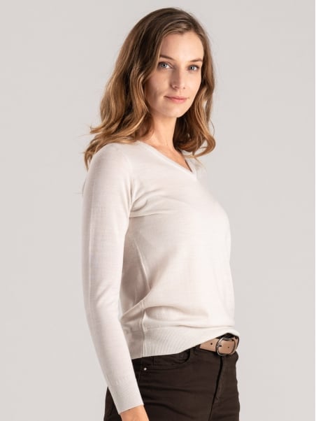 Jersey de lana merina con cuello de pico para mujer