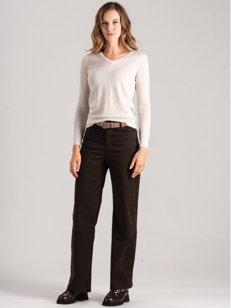 Jersey de lana merina con cuello de pico para mujer