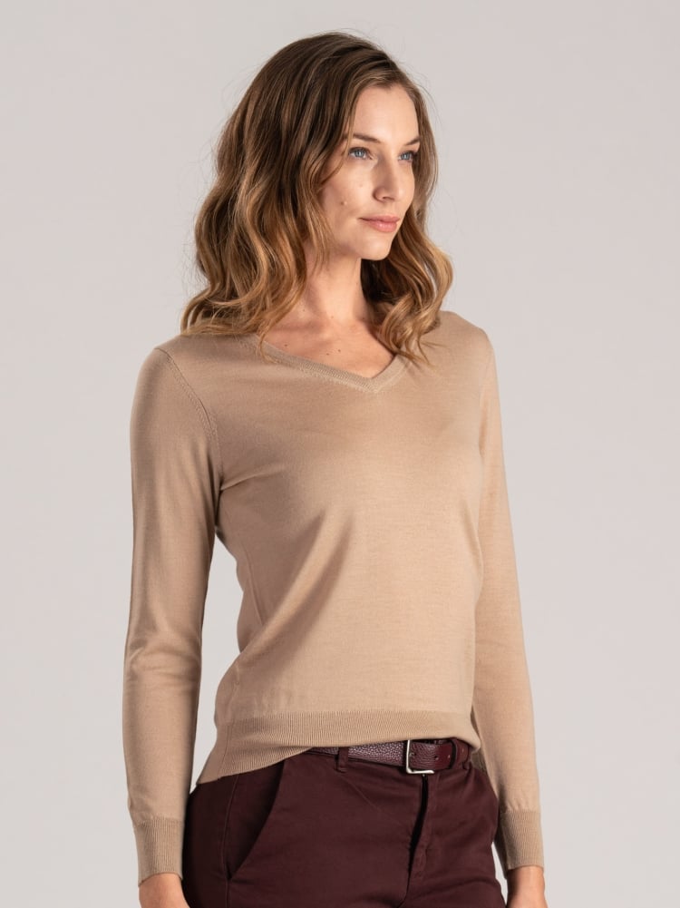 Jersey de lana merina con cuello de pico para mujer