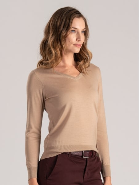 Jersey de lana merina con cuello de pico para mujer