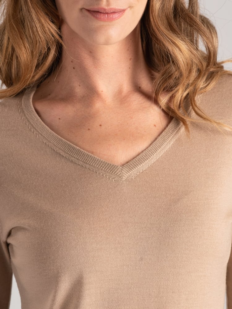 Jersey de lana merina con cuello de pico para mujer