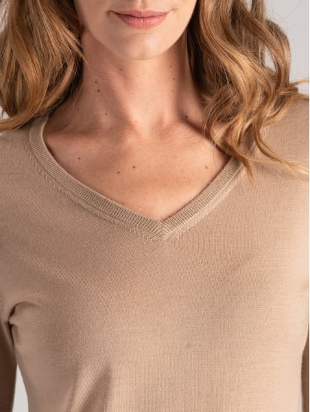 Jersey de lana merina con cuello de pico para mujer