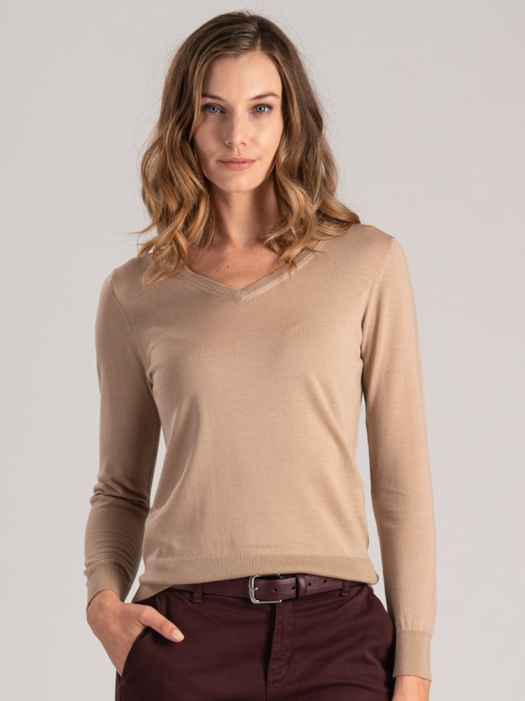 Jersey de lana merina con cuello de pico para mujer