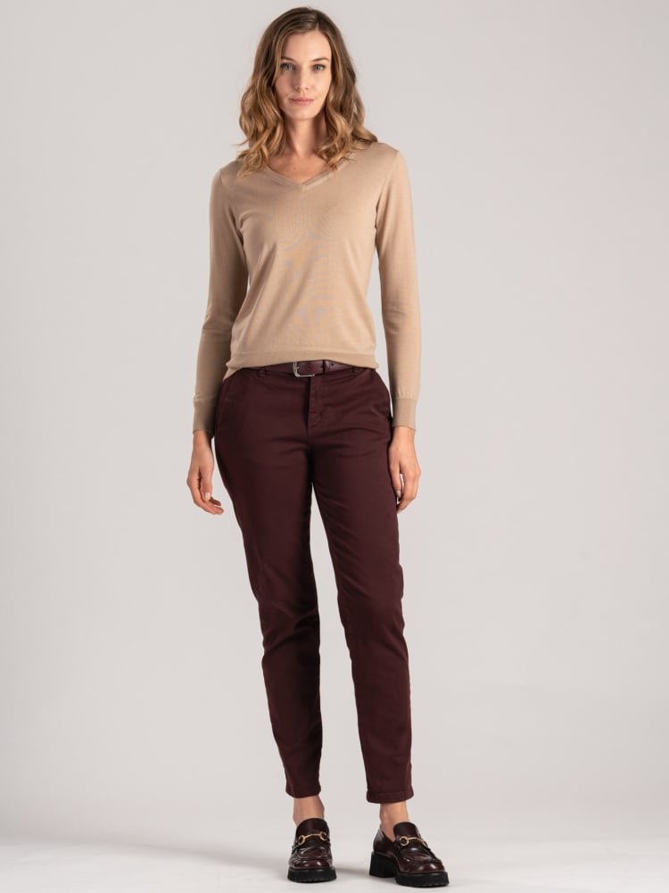 Jersey de lana merina con cuello de pico para mujer