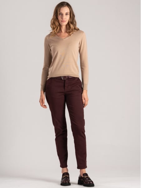 Jersey de lana merina con cuello de pico para mujer