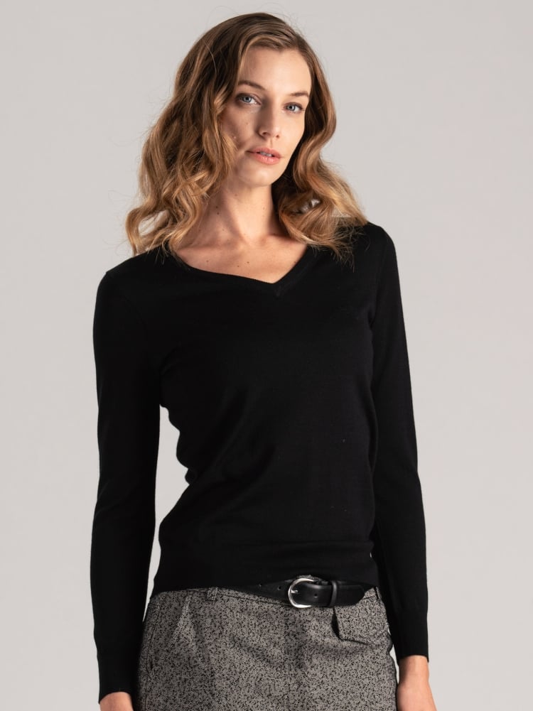 Jersey de lana merina con cuello de pico para mujer