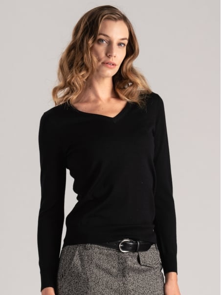 Jersey de lana merina con cuello de pico para mujer