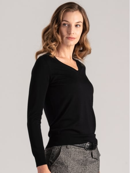 Jersey de lana merina con cuello de pico para mujer
